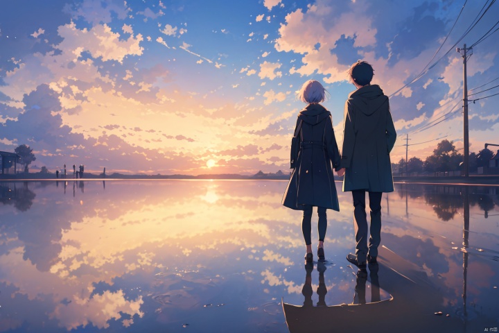 A girl, a boy, standing, outdoors, sky, shoes, pants, clouds, hood, coat, black pants, hood, reflection, sunset, puddle, back-to-back, lost, lovelorn, sad, back-to-back holding hands, girl with short hair