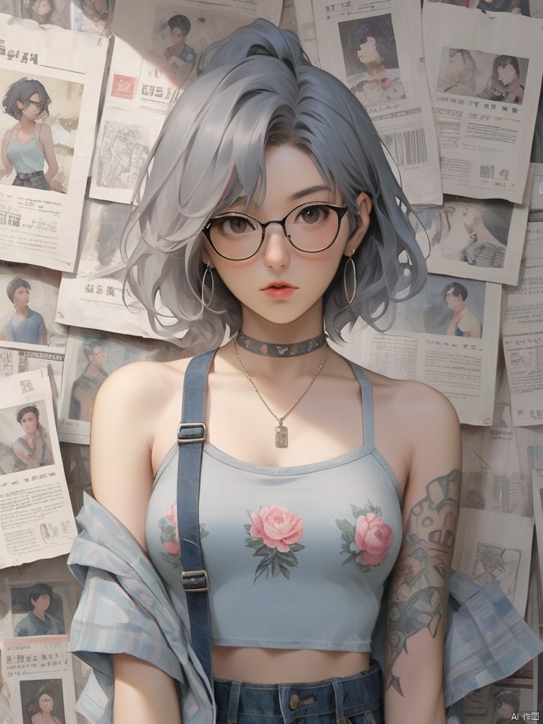 
Background, 1 girl, stud ears, short hair, solo, looking at the audience, peony tattoo on arm, chest, necklace, black eyes, glasses on one hand, hot pants, off-the-shoulder, shut up, paper, black hair, midriff, upper body, collarbone, denim short shorts, gray halters shirt