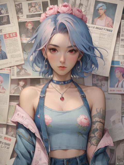 Background, 1 girl, Jewelry, Earrings, short hair, solo, looking at the audience, Tattoo (peony), Chest, denim, Jacket, Necklace, Red eyes, Pants, Pink tiara, Off-the-shoulder, Shut up, paper, Blue hair, crop top, Upper body, collarbone, Jeans, halter shirt