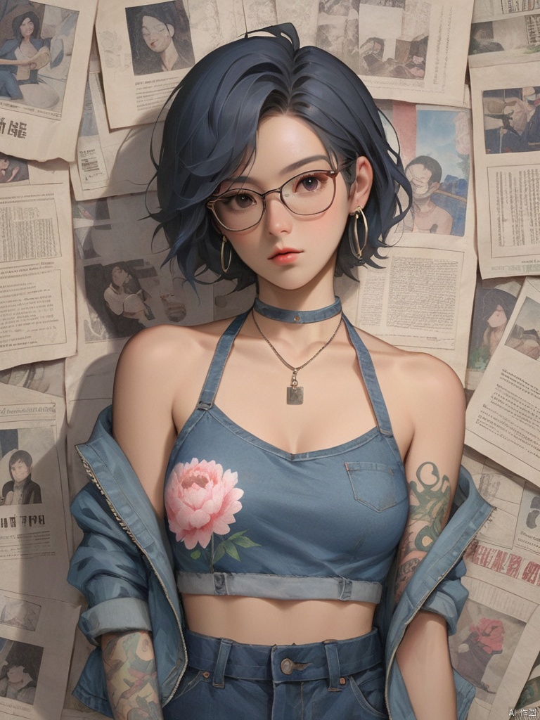 Background, 1 girl, Stud ears, short hair, solo, looking at the audience, Peony Tattoo, Chest, denim, Jacket, Necklace, black eyes, glasses, Pants, Off-the-shoulder, Shut up, paper, black hair, crop top, upper body, collarbone, jeans, halter shirt,