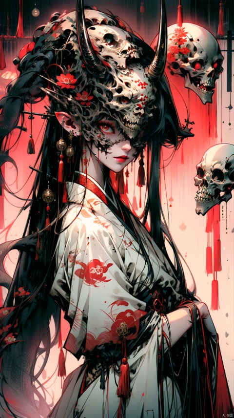 Girl, solo, long hair, looking at the audience, black hair, red eyes, very long hair, tail, Japanese clothes, horns, kimono, mask, monster girl, pale skin, Sara, Geta, upper body bare, human bones, skeletons
