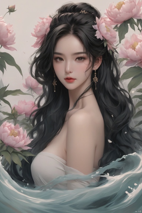 Background Peony, 1 girl, stud ears, long hair, solo, looking at the audience, peony tattoo on the arm, chest, belly, black eyes, actor, flower makeup, bare shoulder, shut up, paper, black hair, crop, upper body, collarbone, sexy, Phoenix crown, flower, water sleeve, flower tattoo on the back