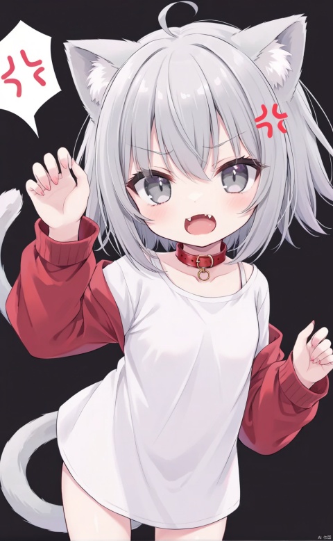 Girl, girl, gray hair, short hair, cat ears, gray eyes, hiss, open mouth, show cute fangs, show fangs, anger, four, head up, red collar, gray tail, oversized shirt, Simple background, white background