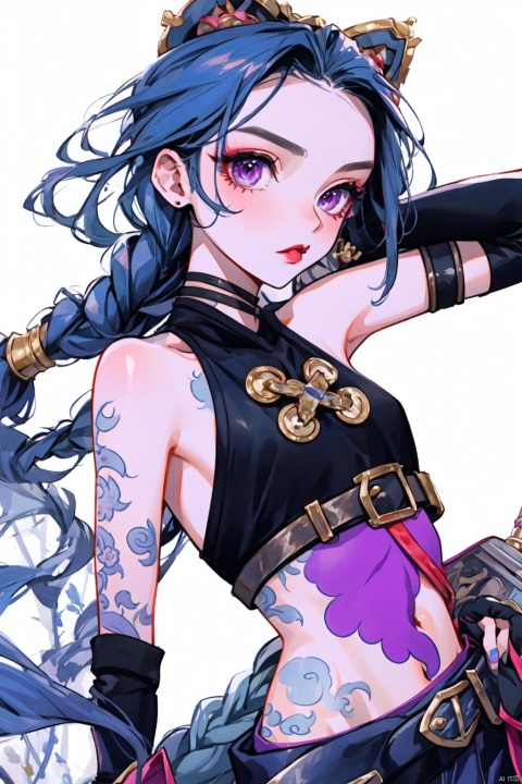 masterpiece,best quality, highly detailed, jinx_(league_of_legends),1girl,solo,navel,looking_at_viewer,arm_tattoo,twin_braids,bare_shoulders,fingerless_gloves,simple background,white background, Purity Portait, nicestyle