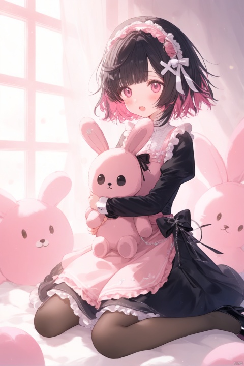 Girl, solo, short hair, looking at the audience, blush, open mouth, bangs, shirt, black hair, hair accessories, long sleeves, dress, bow, ribbon, sitting, whole body, pink hair, hair accessories, multi-colored hair, trim, shoes, bobby pins, square, puffy sleeves, interior, pink eyes, black shoes, black dress, High Heels, two-colored hair, Window, black bow, wariza, stuffed animal, frilly dress, stuffed animal, cross, x hair accessories, pink dress, object cuddle, stuffed rabbit, cuddle stuffed animal, pantyhose, girl