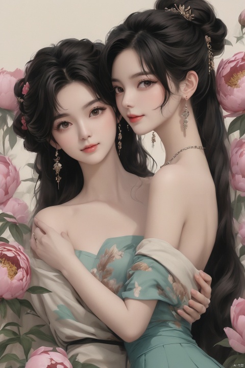  Background Peony, 2 girls, touching together, stud earrings, long hair, solo, looking at the audience, Peony tattoo, chest, belly band, dark eyes, actor, flower makeup, off-the-shoulder, shut up, paper, black hair, crop, topless, collarbone, sexy, crested, flower, sleeve, tattoo on back,