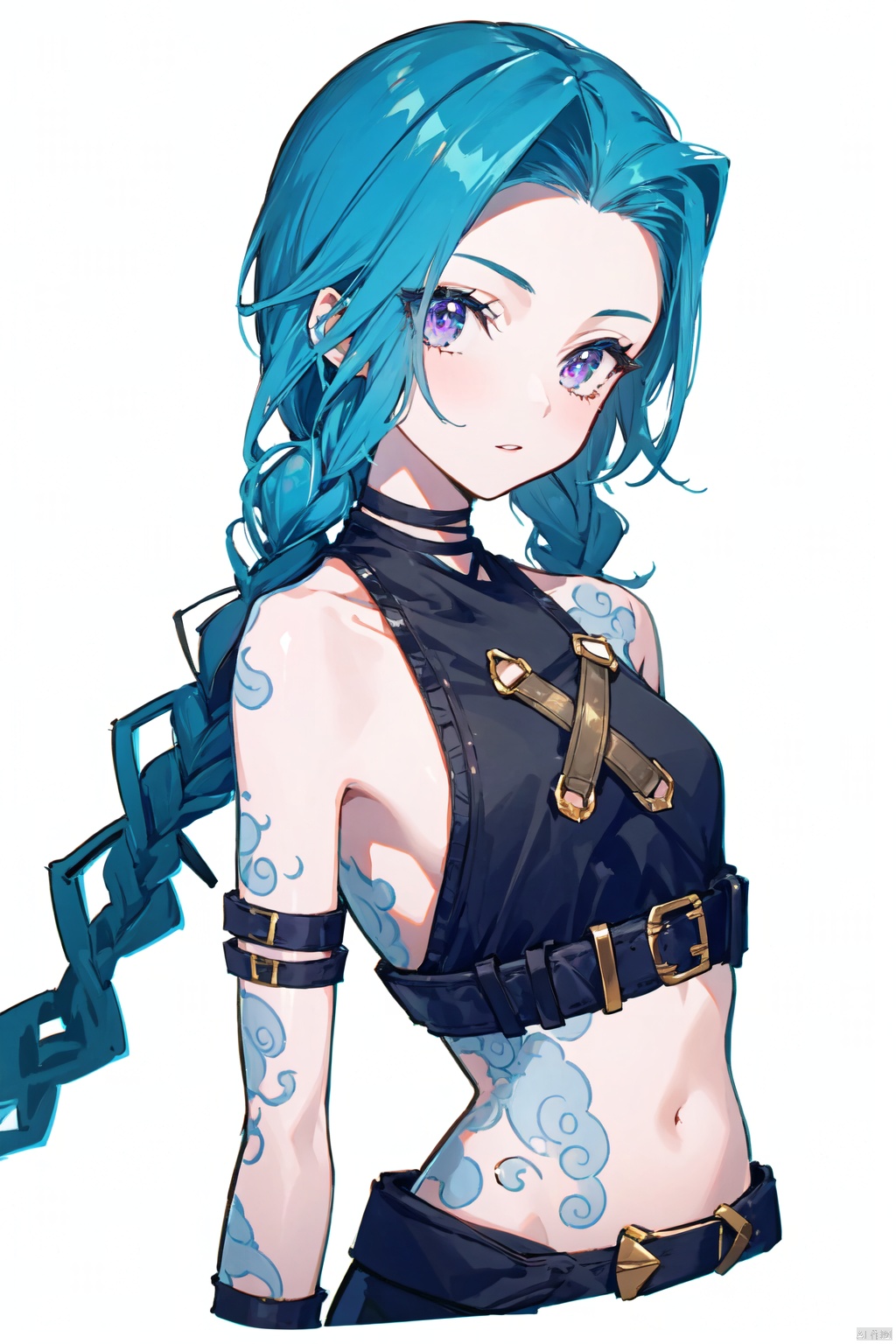 masterpiece,best quality, highly detailed, jinx_(league_of_legends),1girl,solo,navel,looking_at_viewer,arm_tattoo,twin_braids,bare_shoulders,fingerless_gloves,simple background,white background, Purity Portait, nicestyle,Migunov