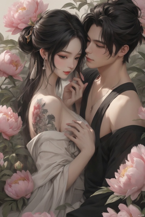  Background Peony, 1 girl, 1 boy, touching together, stud ears, long hair, solo, looking at the audience, Peony tattoo, chest, belly band, black eyes, actor, flower makeup, off-the-shoulder, shut up, paper, black hair, crop, topless, collarbone, sexy, crested, flower, sleeve, tattoo on back,