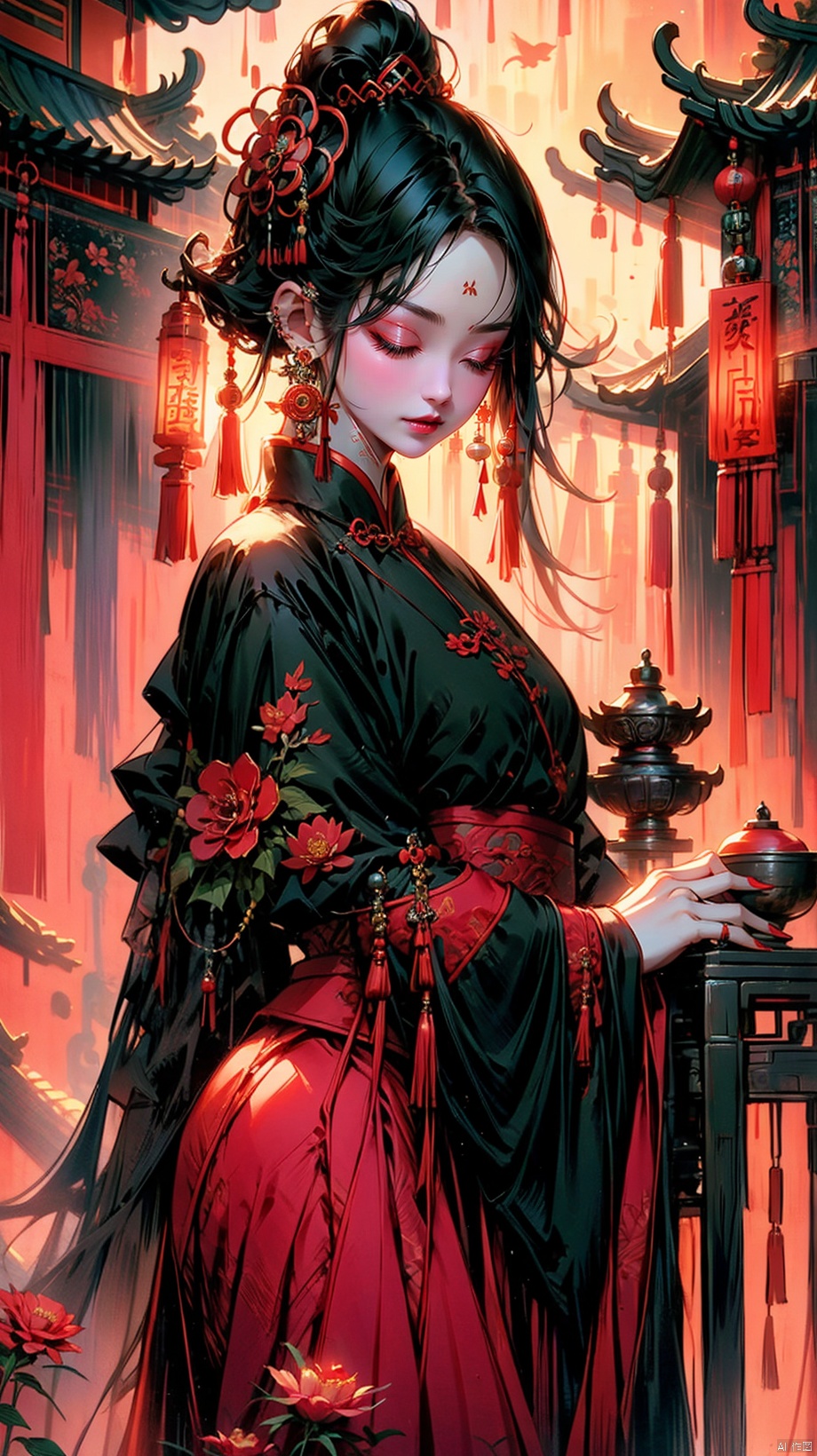 1girl, solo, black hair, hair ornament, holding, jewelry, standing, closed eyes, flower, hairband, earrings, outdoors, hair flower, nail polish, makeup, chinese clothes, lipstick, red flower, red nails, bowl, lantern, red lips, architecture, east asian architecture