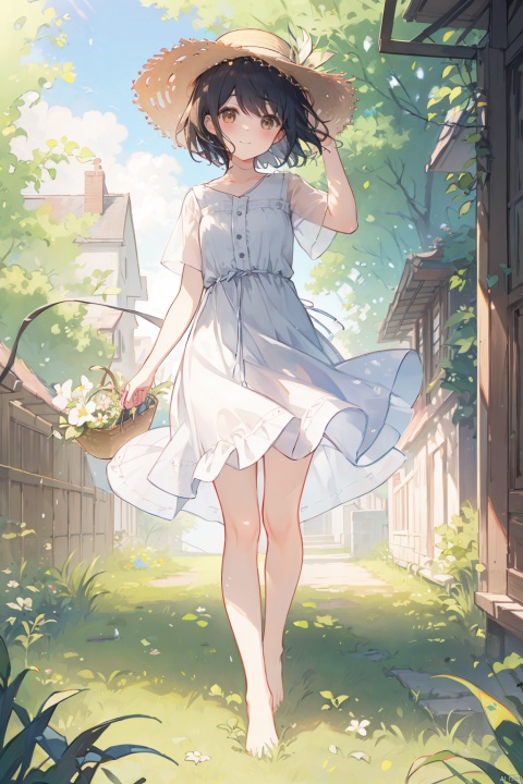 Girl, looking at the audience, blushing, smiling, short hair, bangs, black hair, clothes, holding, brown eyes, standing, full body, flowers, short sleeves, outdoors, shoes, barefoot, day, white clothes, dress, white dress, tree, perspective, bare legs, leaves, grass, wind, basket, one hand holding hair, fallen leaves, straw hat, wearing straw hat