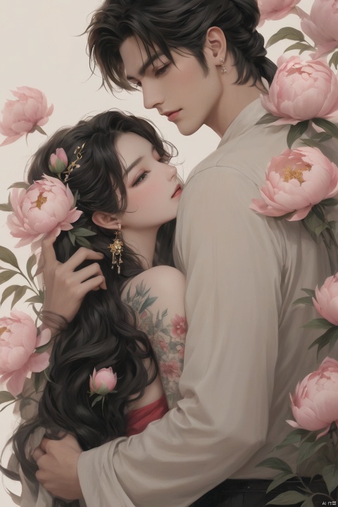 Background Peony, 1 girl, 1 boy, touching together, stud ears, long hair, solo, looking at the audience, Peony tattoo, chest, belly band, black eyes, actor, flower makeup, off-the-shoulder, shut up, paper, black hair, crop, topless, collarbone, sexy, crested, flower, sleeve, tattoo on back,