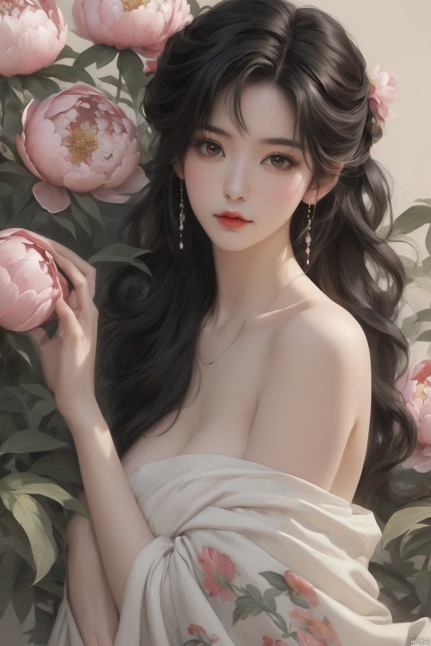 Background Peony, 1 girl, stud ears, long hair, solo, looking at the audience, peony tattoo on the arm, chest, belly, black eyes, actor, flower makeup, off-the-shoulder, shut up, paper, black hair, midriff, upper body, collarbone, sexy