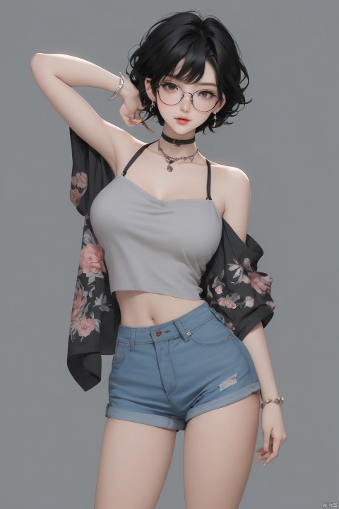 
Background, 1 girl, stud ears, short hair, solo, looking at the audience, peony tattoo on arm, chest, necklace, black eyes, glasses on one hand, hot pants, off-the-shoulder, shut up, paper, black hair, midriff, upper body, collarbone, denim short shorts, gray halters shirt