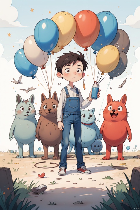 Boy, single, brown hair, long sleeves, jeans, handheld, standing, white shirt, outdoor, shoes, pants, black shoes, apron, Shadow, balloon, wide-angle lens, balloon in right hand, denim