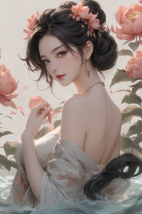 Background Peony, 1 girl, stud ears, long hair, solo, looking at the audience, peony tattoo on the arm, chest, belly, black eyes, actor, flower makeup, bare shoulder, shut up, paper, black hair, crop, upper body, collarbone, sexy, Phoenix crown, flower, water sleeve, flower tattoo on the back