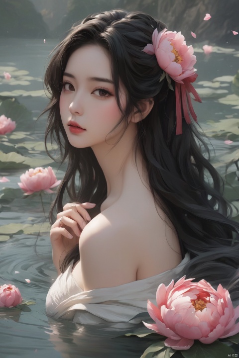 Background Peony, 1 girl, stud ears, long hair, solo, looking at the audience, peony tattoo on the arm, chest, belly, black eyes, actor, flower makeup, bare shoulder, shut up, paper, black hair, crop, upper body, collarbone, sexy, Phoenix crown, flower, water sleeve, flower tattoo on the back