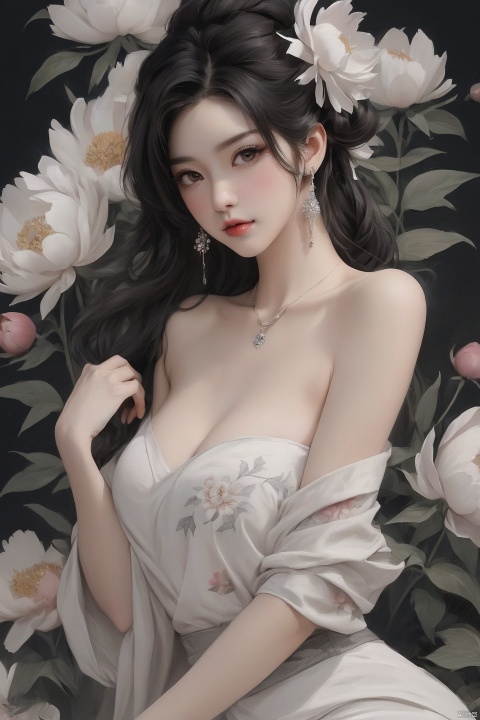  Background Peony, 1 girl, stud ears, long hair, solo, looking at the audience, peony tattoo on the arm, chest, belly, black eyes, actor, flower makeup, off-the-shoulder, shut up, paper, black hair, crop, upper body, collarbone, sexy, crested, flower, sleeve, tattoo