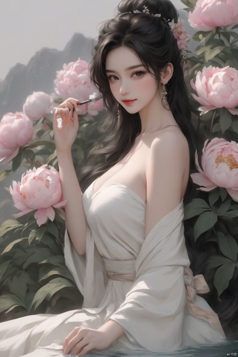 Background Peony, 1 girl, stud ears, long hair, solo, looking at the audience, Peony tattoo, chest, belly, black eyes, actor, flower makeup, bare shoulder, shut up, paper, black hair, bare navel, upper body, collarbone, sexy, crested, flower, water sleeve, tattoo on back, cigarette pot in hand, seducing smile