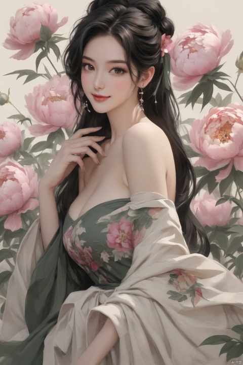 Background Peony, 1 girl, stud ears, long hair, solo, looking at the audience, Peony Tattoo, Chest, belly band, dark eyes, actor, flower makeup, off-the-shoulder, shut up, paper, black hair, crop, topless, collarbone, sexy, Crested, flower, sleeve, Tattoo on back, seductive smile