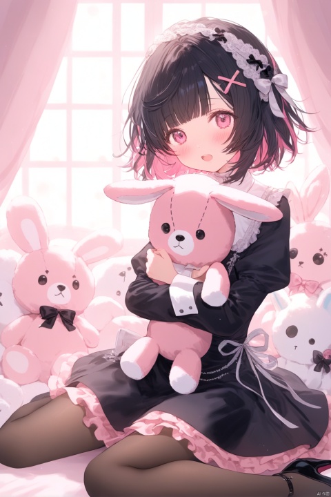 Girl, solo, short hair, looking at the audience, blush, open mouth, bangs, shirt, black hair, hair accessories, long sleeves, dress, bow, ribbon, sitting, whole body, pink hair, hair accessories, multi-colored hair, trim, shoes, bobby pins, square, puffy sleeves, interior, pink eyes, black shoes, black dress, High Heels, two-colored hair, Window, black bow, wariza, stuffed animal, frilly dress, stuffed animal, cross, x hair accessories, pink dress, object cuddle, stuffed rabbit, cuddle stuffed animal, pantyhose, girl