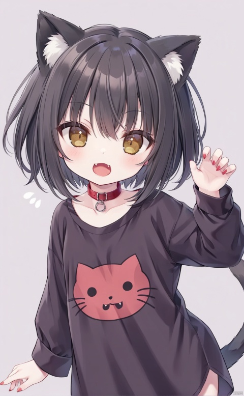 Girl, girl, black hair, short hair, cat ears, brown eyes, open mouth, show cute fangs, show fangs, sell cute, four, head up, red collar, gray tail, oversized shirt, cute background