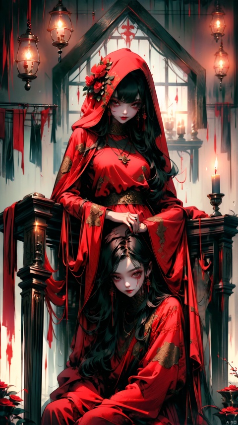 1girl, solo, long hair, looking at viewer, black hair, long sleeves, dress, holding, jewelry, sitting, flower, indoors, hood, necklace, blood, red dress, red flower, veil, blood on face, holding flower, candle, blood on clothes, candlestand