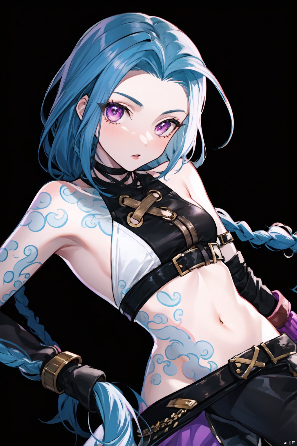 masterpiece,best quality, highly detailed, jinx_(league_of_legends),1girl,solo,navel,looking_at_viewer,arm_tattoo,twin_braids,bare_shoulders,fingerless_gloves,simple background,white background