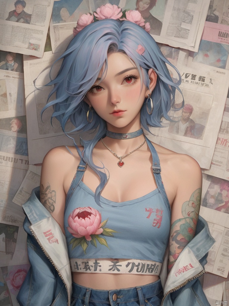 Background, 1 girl, Jewelry, Earrings, short hair, solo, looking at the audience, Tattoo (peony), Chest, denim, Jacket, Necklace, Red eyes, Pants, Pink tiara, Off-the-shoulder, Shut up, paper, Blue hair, crop top, Upper body, collarbone, Jeans, halter shirt