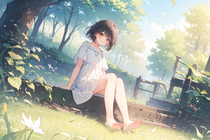 Girl, looking at the audience, blushing, smiling, short hair, bangs, black hair, clothes, holding, brown eyes, sitting, whole body, flowers, short sleeves, outdoors, shoes, barefoot, day, white clothes, dress, white dress, tree, perspective, bare legs, leaves, grass, wind, one hand holding hair, fallen leaves
