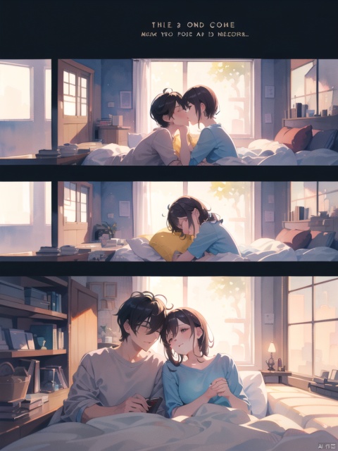 Describe the scene of a couple in love, snuggling together, warm and sweet scene, warm colors, high-definition picture quality, delicate and beautiful faces, illustrations, cartoon style, romance, watercolor paintings