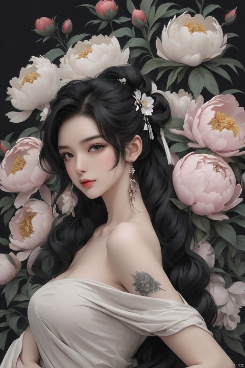  Background Peony, 1 girl, stud ears, long hair, solo, looking at the audience, peony tattoo on the arm, chest, belly, black eyes, actor, flower makeup, off-the-shoulder, shut up, paper, black hair, crop, upper body, collarbone, sexy, crested, flower, sleeve, tattoo