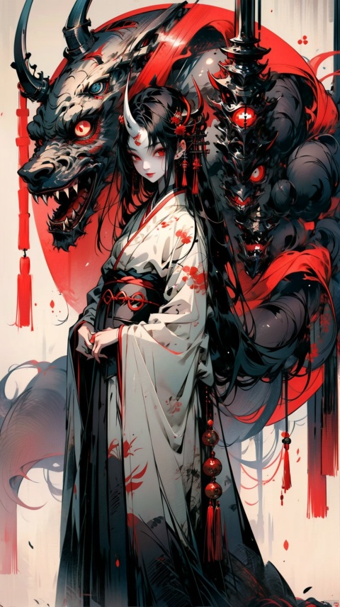 1girl, solo, long hair, looking at viewer, black hair, red eyes, very long hair, tail, japanese clothes, horns, kimono, mask, monster girl, pale skin, sarashi, geta