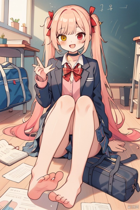 1girl, solo, long hair, looking at viewer, blush, smile, open mouth, bangs, skirt, blonde hair, shirt, red eyes, long sleeves, bow, ribbon, twintails, sitting, very long hair, school uniform, jacket, full body, hair ribbon, yellow eyes, white shirt, pink hair, :d, multicolored hair, pleated skirt, open clothes, shoes, barefoot, choker, collared shirt, indoors, virtual youtuber, hand up, miniskirt, bowtie, bag, black footwear, red bow, feet, open jacket, red ribbon, blue skirt, black jacket, legs, plaid, bare legs, dress shirt, gradient hair, toes, heterochromia, black choker, plaid skirt, soles, blazer, cardigan, loafers, red bowtie, knees up, desk, school bag, pink shirt, classroom, foot focus, school desk, shoes removed, on desk, pink cardigan, hoshikawa sara
