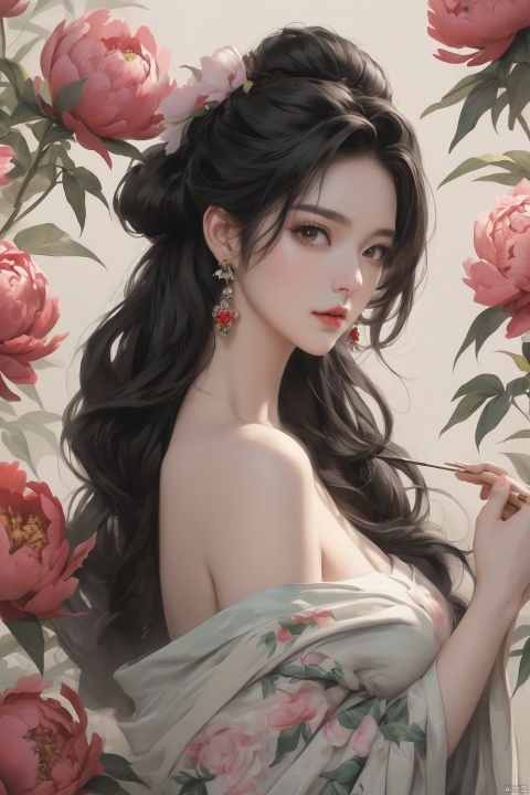 Background Peony, 1 girl, stud ears, long hair, solo, looking at the audience, peony tattoo on the arm, chest, belly, black eyes, actor, flower makeup, off-the-shoulder, shut up, paper, black hair, crop, upper body, collarbone, sexy, crested, flower, sleeve, tattoo