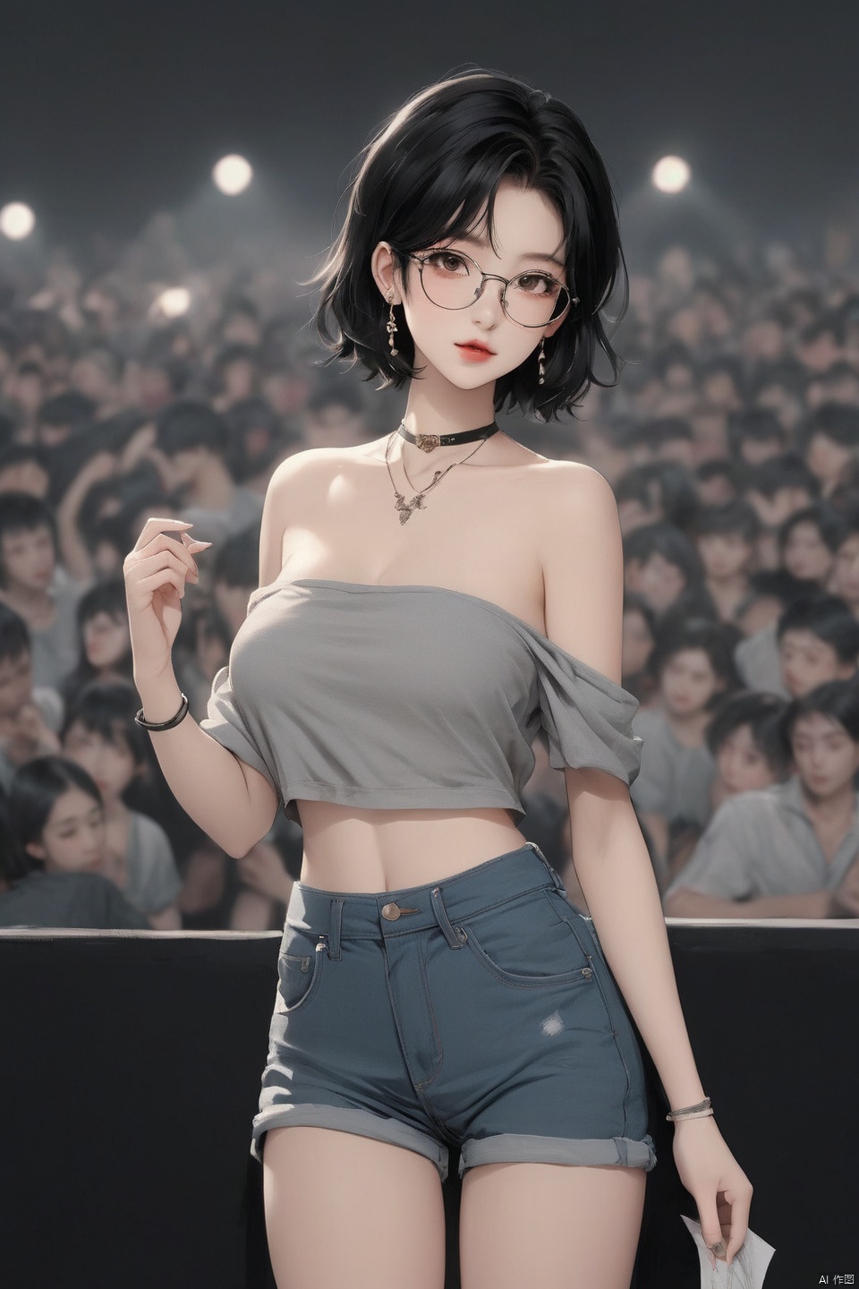 
Background, 1 girl, stud ears, short hair, solo, looking at the audience, peony tattoo on arm, chest, necklace, black eyes, glasses on one hand, hot pants, off-the-shoulder, shut up, paper, black hair, midriff, upper body, collarbone, denim short shorts, gray halters shirt