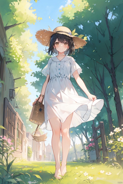 Girl, looking at the audience, blushing, smiling, short hair, bangs, black hair, clothes, holding, brown eyes, standing, full body, flowers, short sleeves, outdoors, shoes, barefoot, day, white clothes, dress, white dress, tree, perspective, bare legs, leaves, grass, wind, basket, one hand holding hair, fallen leaves, straw hat, wearing straw hat