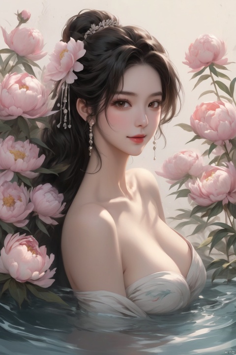 Background Peony, 1 girl, stud ears, long hair, solo, looking at the audience, Peony tattoo, chest, belly, black eyes, actor, flower makeup, bare shoulder, shut up, paper, black hair, bare navel, upper body, collarbone, sexy, crested, flower, water sleeve, tattoo on back, cigarette pot in hand, seducing smile