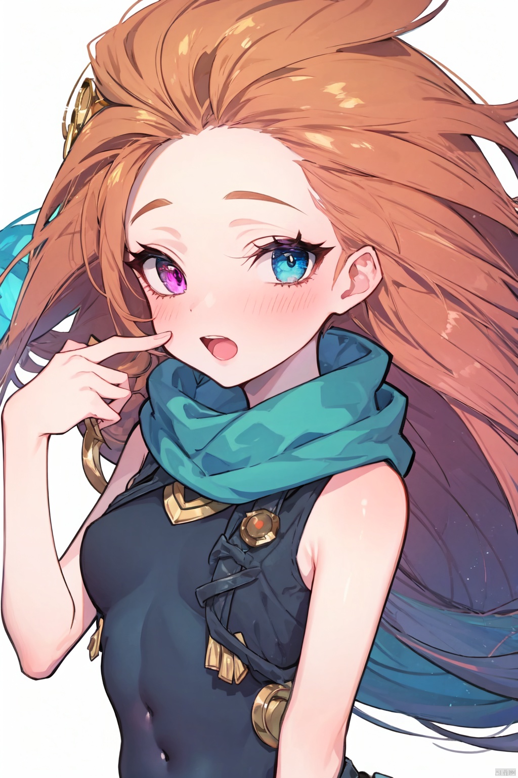 masterpiece,best quality, highly detailed, zoe (league of legends),1girl,solo,open mouth,blush,heterochromia,navel,looking at viewer,simple background,white background