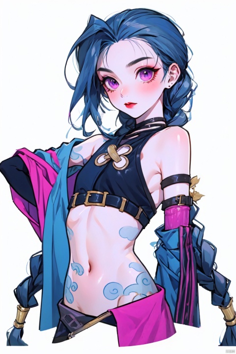 masterpiece,best quality, highly detailed, jinx_(league_of_legends),1girl,solo,navel,looking_at_viewer,arm_tattoo,twin_braids,bare_shoulders,fingerless_gloves,simple background,white background, Purity Portait, nicestyle
