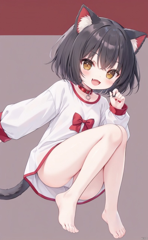 Girl, black hair, short hair, cat ears, brown eyes, laugh, show cute fangs, show fangs, sell cute, head up, red collar, gray tail, oversized shirt, cute background, bare feet, showing legs