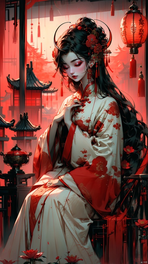 1girl, solo, black hair, hair ornament, holding, jewelry, standing, closed eyes, flower, hairband, earrings, outdoors, hair flower, nail polish, makeup, chinese clothes, lipstick, red flower, red nails, bowl, lantern, red lips, architecture, east asian architecture