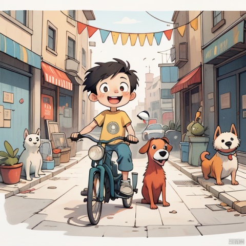 Masterpiece, best quality, little boy, laugh, Bi ye, shabby street, old bike, little advertisement, little yellow dog, T-shirt, black hair, happy