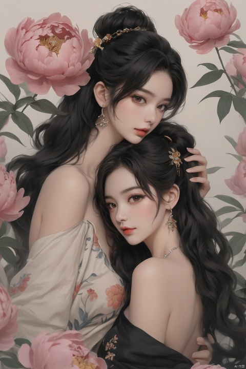  Background Peony, 2 girls, touching together, stud earrings, long hair, solo, looking at the audience, Peony tattoo, chest, belly band, dark eyes, actor, flower makeup, off-the-shoulder, shut up, paper, black hair, crop, topless, collarbone, sexy, crested, flower, sleeve, tattoo on back,