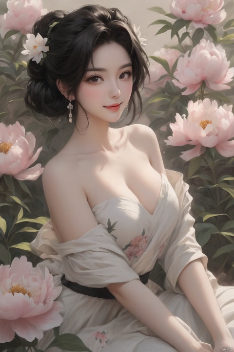 Background Peony, 1 girl, stud ears, long hair, solo, looking at the audience, Peony Tattoo, Chest, belly band, dark eyes, actor, flower makeup, off-the-shoulder, shut up, paper, black hair, crop, topless, collarbone, sexy, Crested, flower, sleeve, Tattoo on back, seductive smile