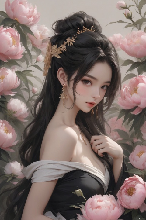 Background Peony, 1 girl, stud ears, long hair, solo, looking at the audience, peony tattoo on the arm, chest, belly, black eyes, actor, flower makeup, off-the-shoulder, shut up, paper, black hair, midriff, upper body, collarbone, sexy, crested