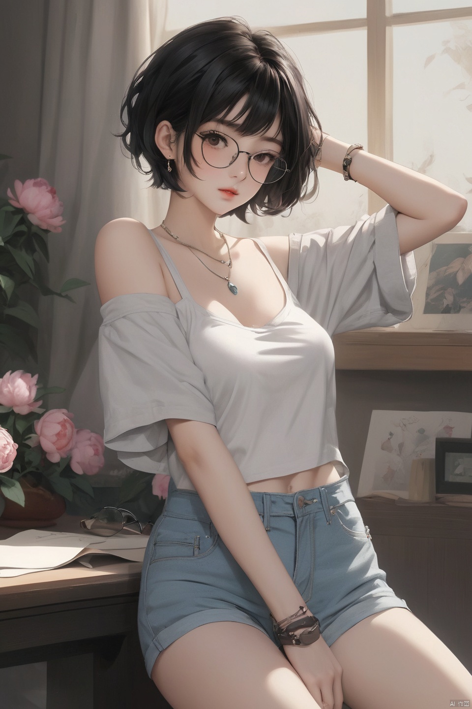 
Background, 1 girl, stud ears, short hair, solo, looking at the audience, peony tattoo on arm, chest, necklace, black eyes, glasses on one hand, hot pants, off-the-shoulder, shut up, paper, black hair, midriff, upper body, collarbone, denim short shorts, gray halters shirt