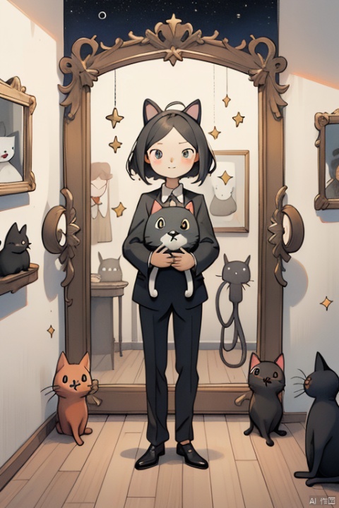 gothic girl in cat mask holding black cat, in the style of realistic and hyper-detailed renderings, mirror rooms, anime-inspired character designs, elegantly formal, the stars art group (xing xing), full body, bad painting --ar 2:3 --q 2 --s 250 --v 5, cuteloli
