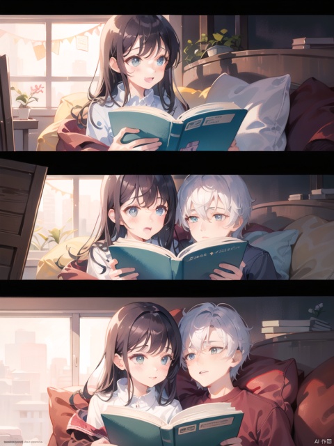 Describe the scene of a couple in love, reading together, warm and sweet scene, warm colors, high-definition picture quality, delicate and beautiful faces, illustrations, cartoon style, romance, watercolor paintings
