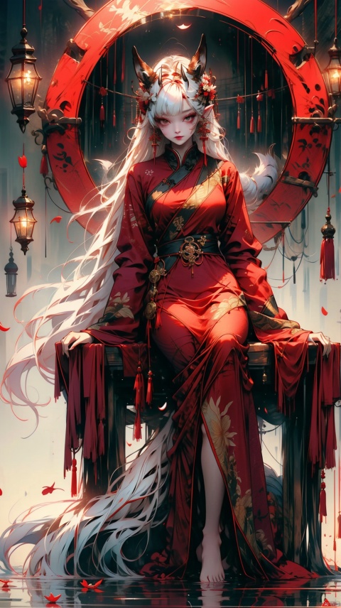 1girl, solo, long hair, breasts, looking at viewer, bangs, large breasts, hair ornament, red eyes, long sleeves, dress, animal ears, sitting, very long hair, tail, full body, flower, white hair, barefoot, hair flower, wide sleeves, water, tree, petals, fox ears, bare legs, fox tail, animal, red dress, fox girl, absurdly long hair, fox