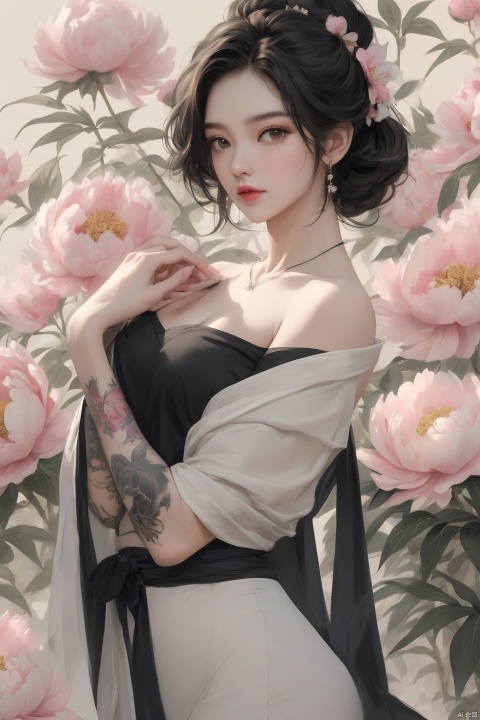 Background Peony, 1 girl, stud ears, long hair, solo, looking at the audience, peony tattoo on the arm, chest, belly, black eyes, actor, flower makeup, off-the-shoulder, shut up, paper, black hair, crop, upper body, collarbone, sexy, crested, flower, sleeve, tattoo